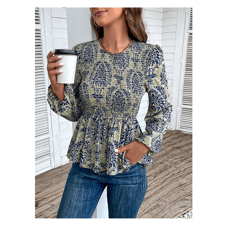 Grey & Blue Ethnic Motifs Printed Smocked Regular Top