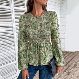 Green Floral Printed Puff Sleeve Smocked Peplum Top