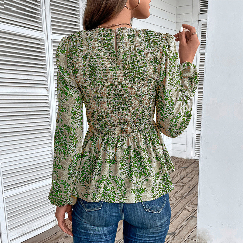 Green Floral Printed Puff Sleeve Smocked Peplum Top