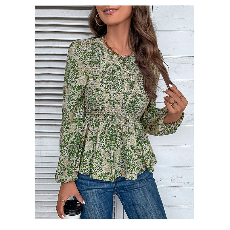 Green Floral Printed Puff Sleeve Smocked Peplum Top