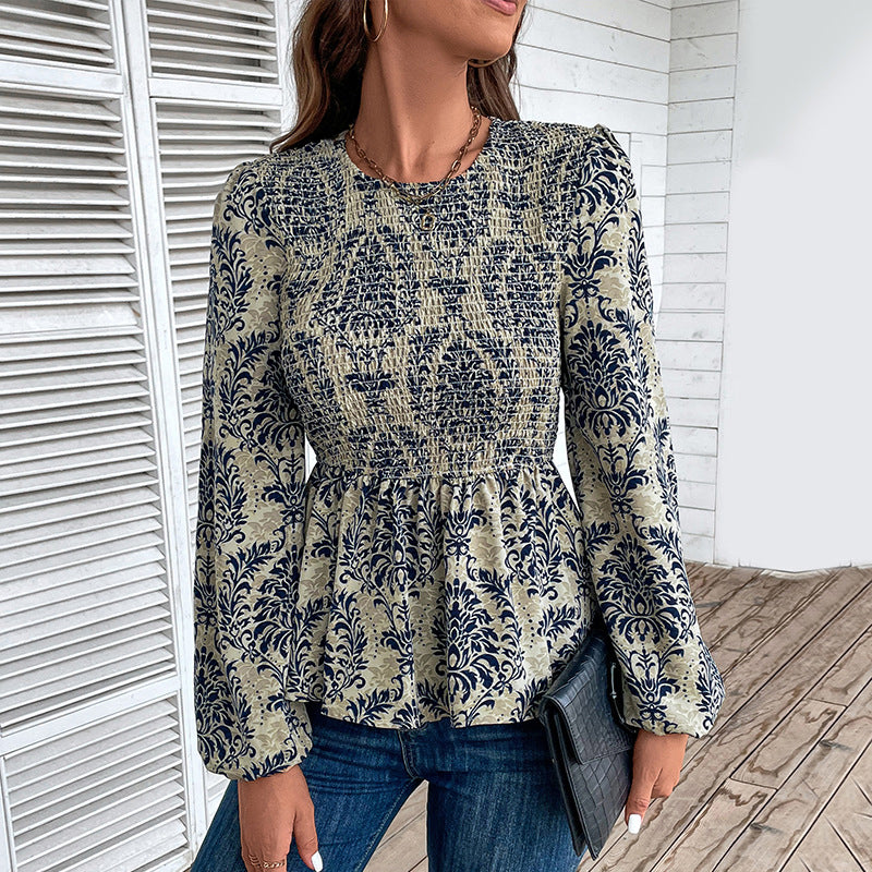 Navy Blue Floral Print Cuff Sleeve Smocking Top