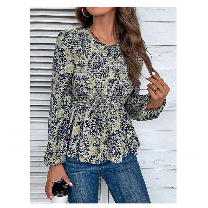 Navy Blue Floral Print Cuff Sleeve Smocking Top