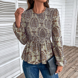 Brown Floral Printed Round Neck Puff Sleeves Smocked Regular Top