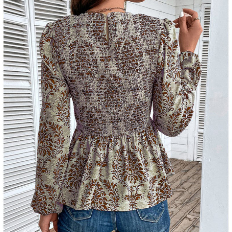 Brown Floral Printed Round Neck Puff Sleeves Smocked Regular Top