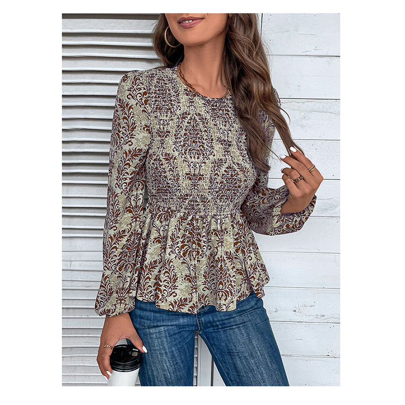 Brown Floral Printed Round Neck Puff Sleeves Smocked Regular Top