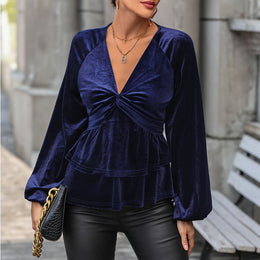 Navy Blue V-Neck Puff Sleeve Velvet Top