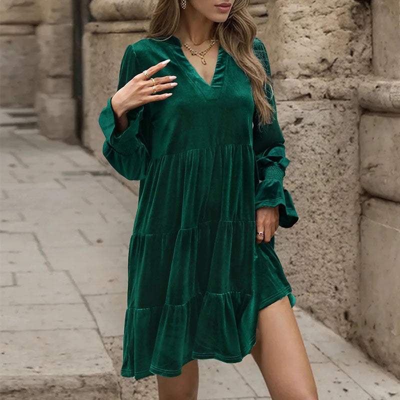 Green V-Neck Tiered A-Line Dress