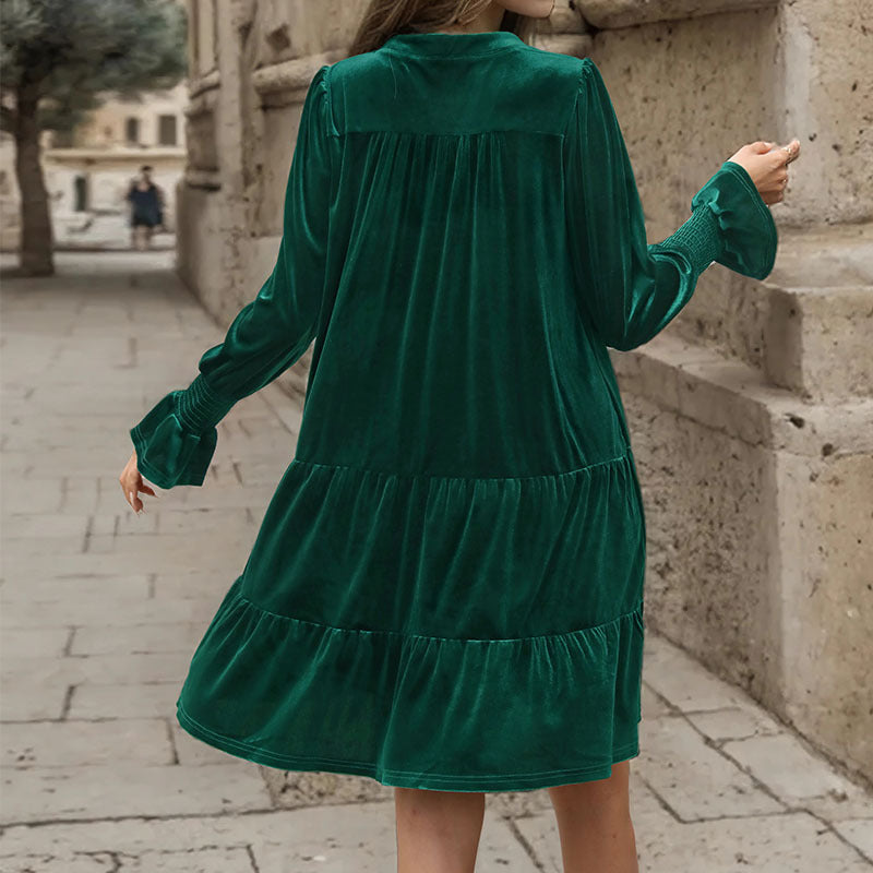Green V-Neck Tiered A-Line Dress