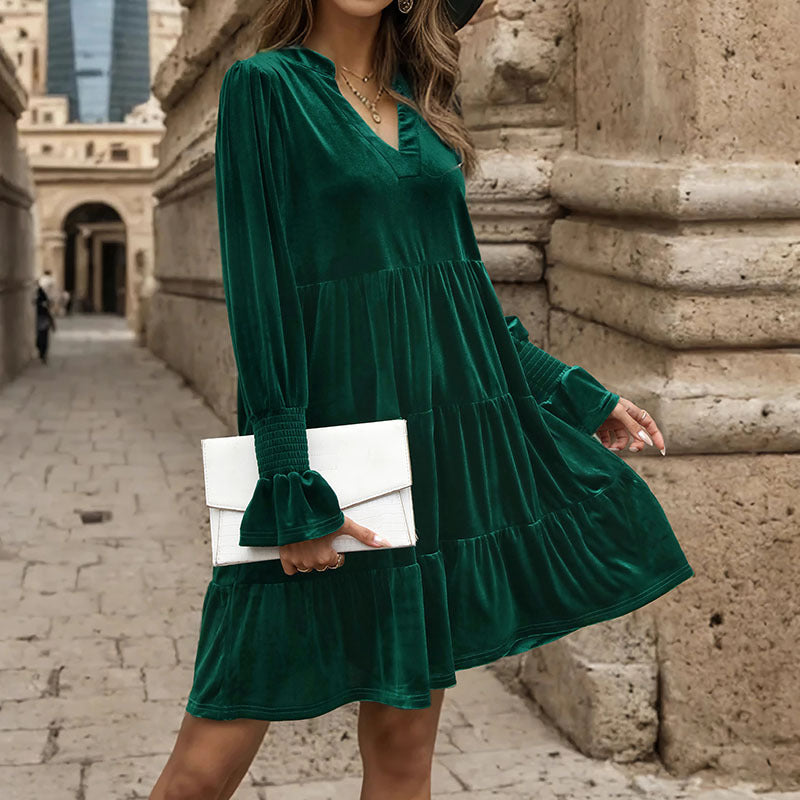 Green V-Neck Tiered A-Line Dress