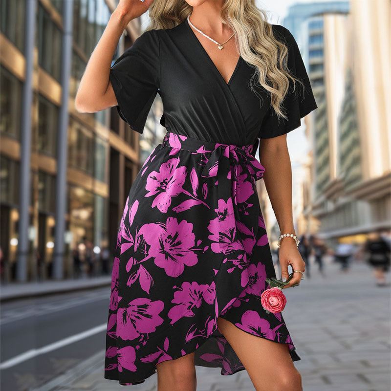 Women V-Neck Flared Sleeves Floral Print Side Tape Wrap Dress
