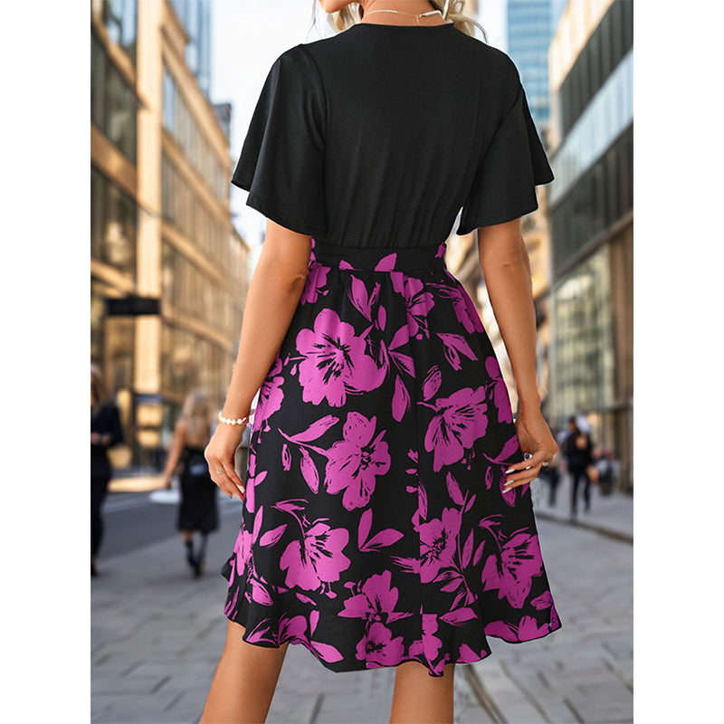 Women V-Neck Flared Sleeves Floral Print Side Tape Wrap Dress