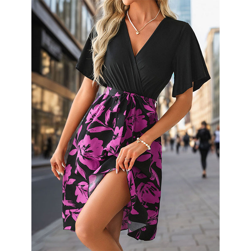 Women V-Neck Flared Sleeves Floral Print Side Tape Wrap Dress