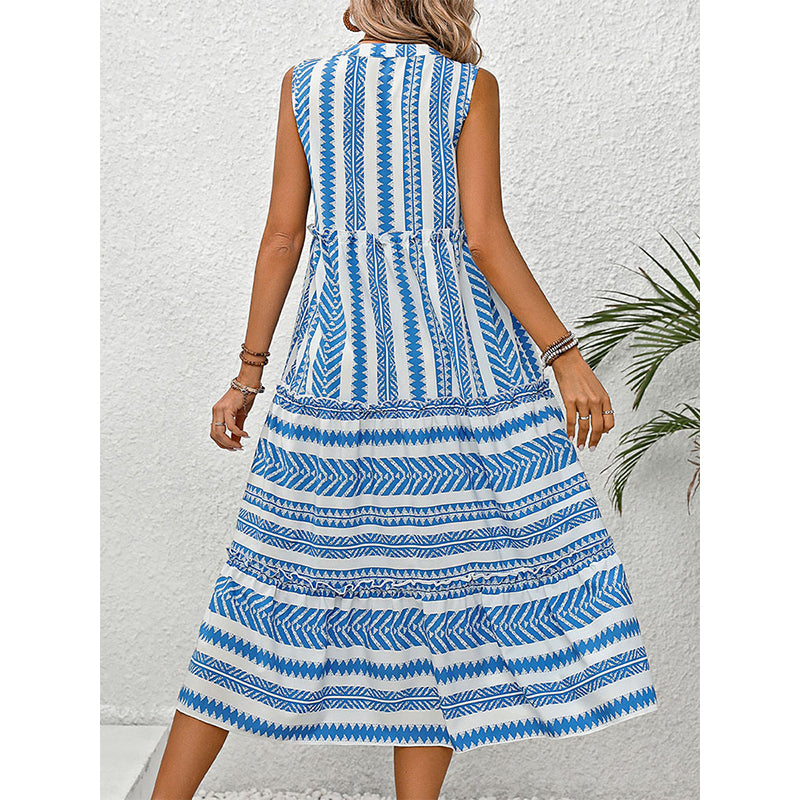Print Mandarin Collar Shirt Midi Dress