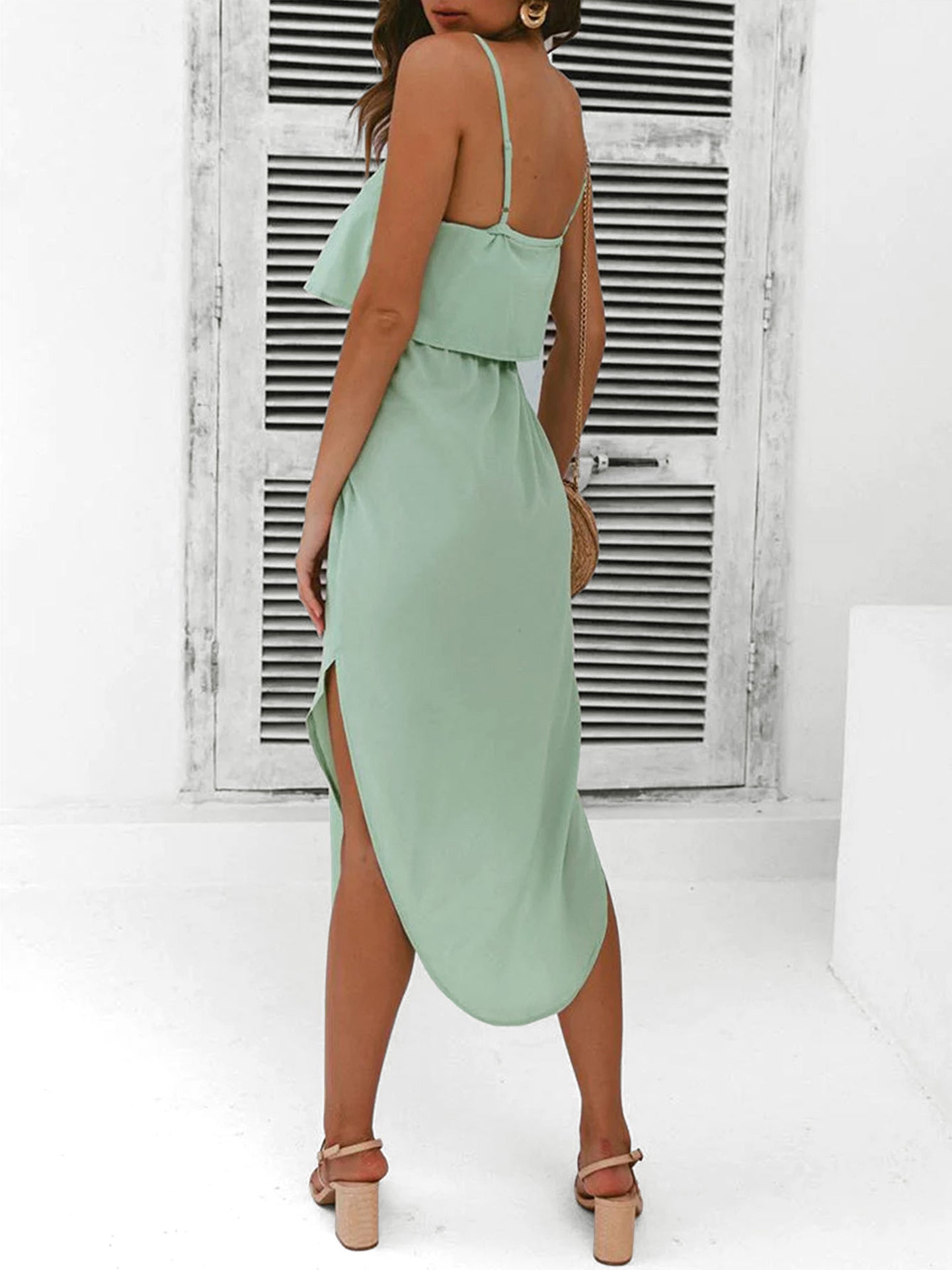 Women Solid Shoulder Straps Fit & Flare Midi Dress