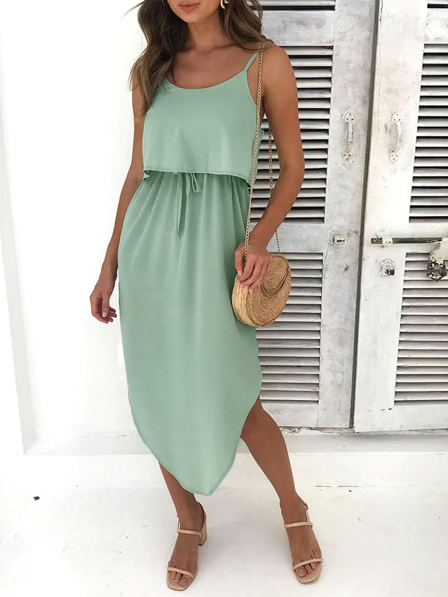 Women Solid Shoulder Straps Fit & Flare Midi Dress