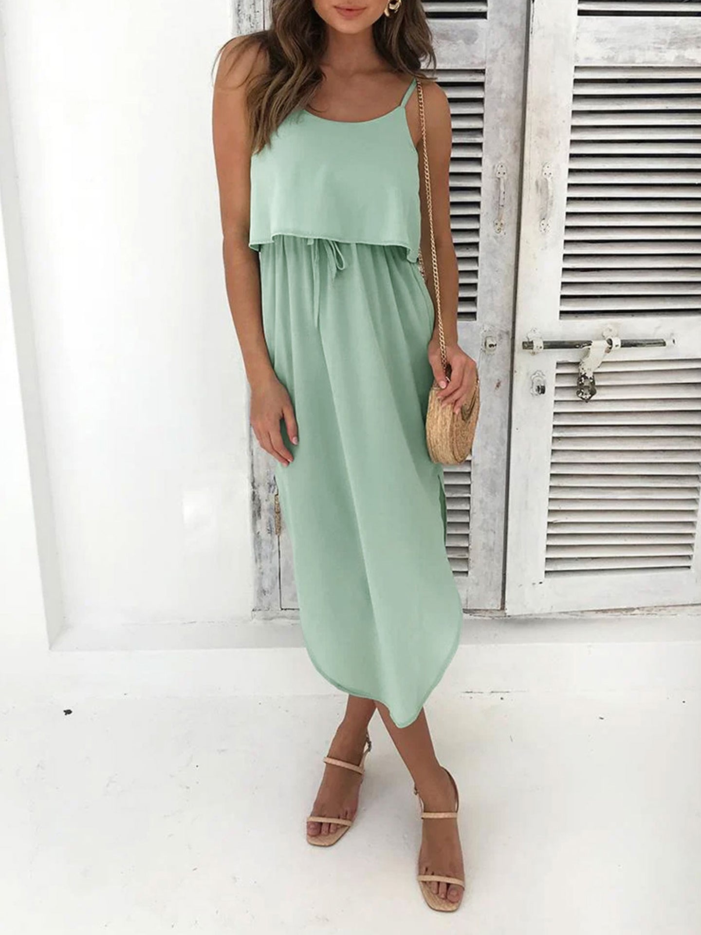 Women Solid Shoulder Straps Fit & Flare Midi Dress