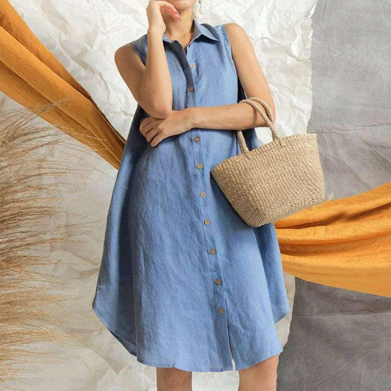 Blue Shirt Collar Cotton Shirt Dress