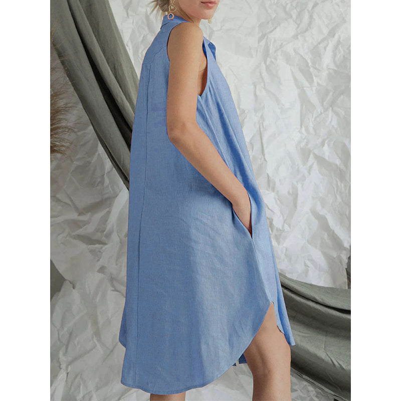 Blue Shirt Collar Cotton Shirt Dress