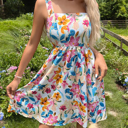 White & Blue Floral Printed Smocked Fit & Flare Dress