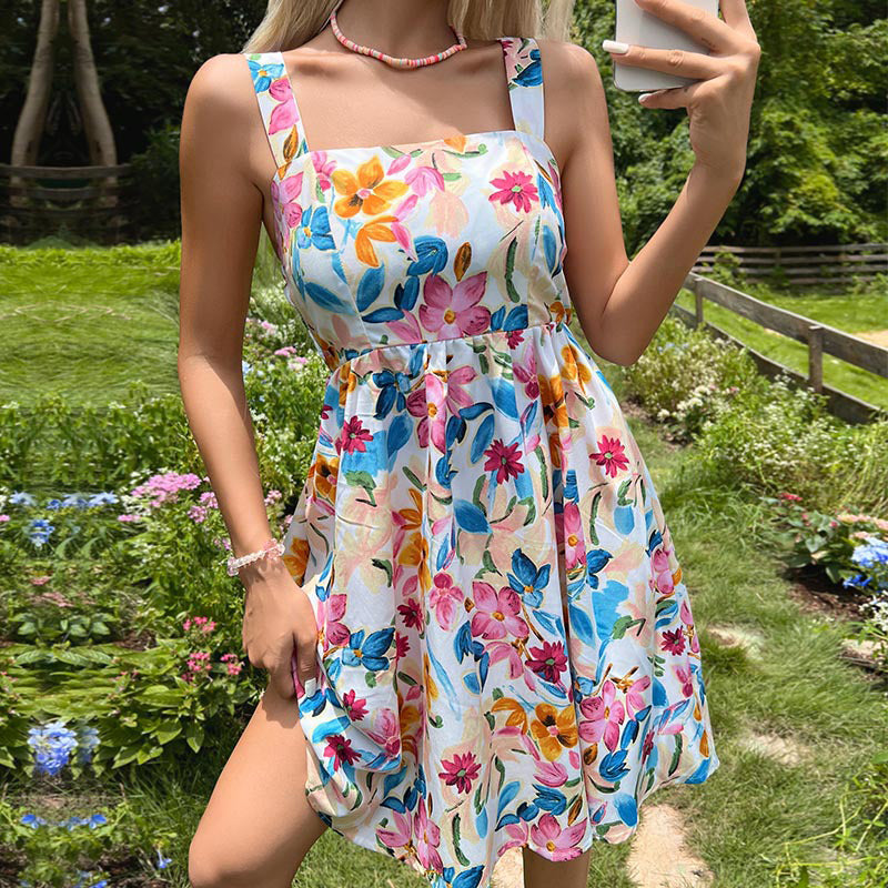 White & Blue Floral Printed Smocked Fit & Flare Dress