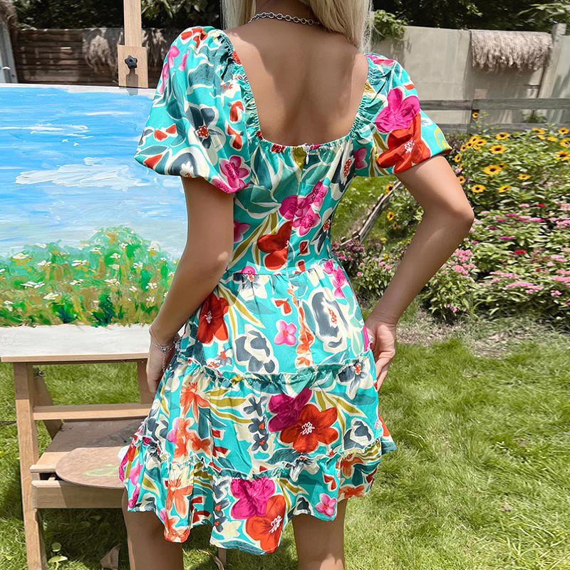 Blue & Red Floral Printed V-Neck Tiered Fit & Flare Mini Dress