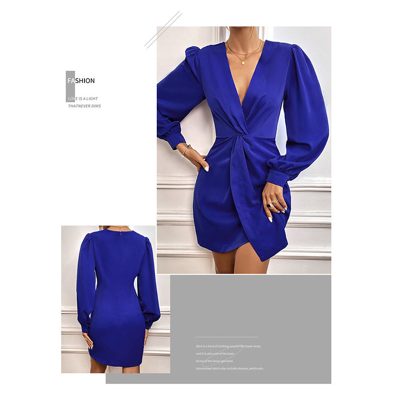 Blue Gathered Detailed V-Neck Puff Sleeves A-Line Dress