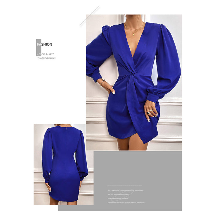 Blue Gathered Detailed V-Neck Puff Sleeves A-Line Dress