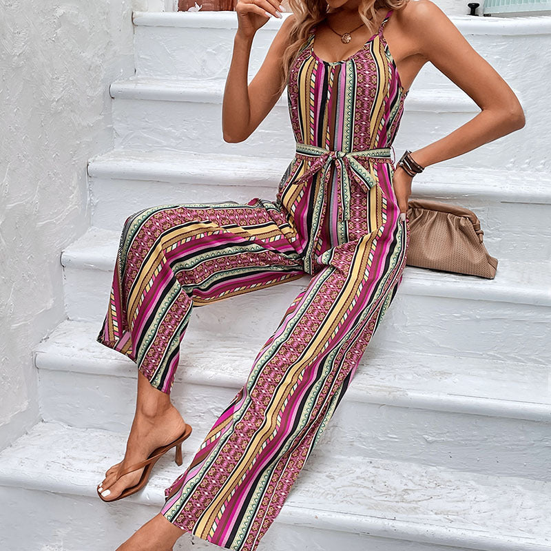 Purple Ethnic Motifs Printed Waist Tie-Ups Basic Jumpsuit
