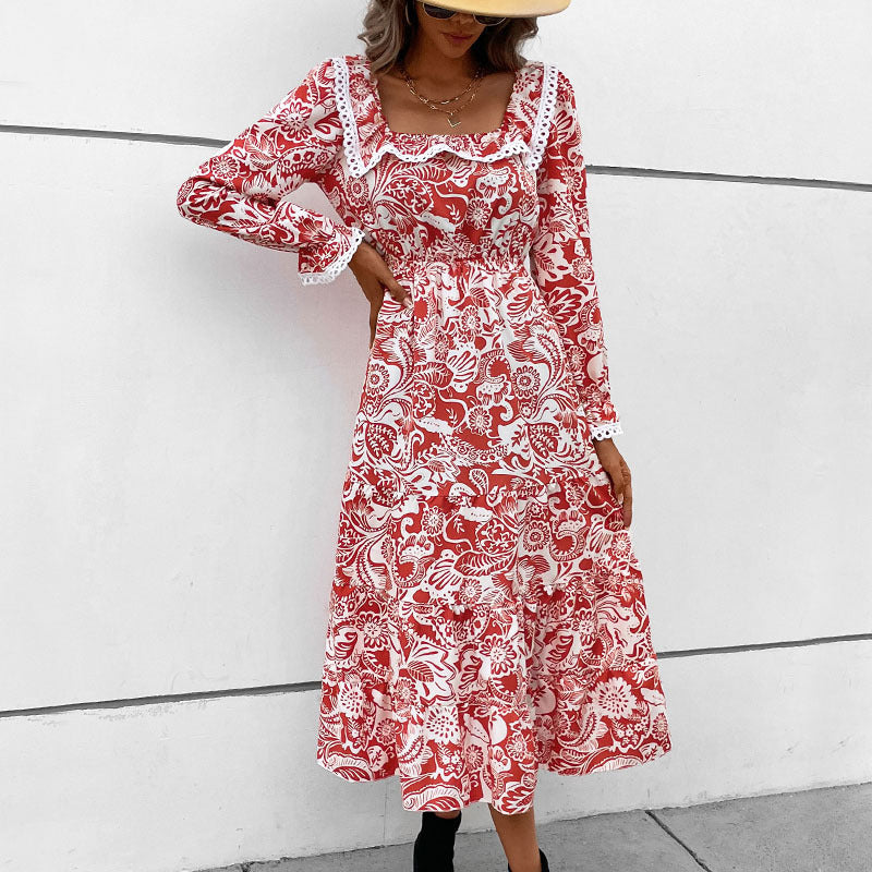 Red Floral Printed Puff Sleeve Fit & Flare Midi Dress