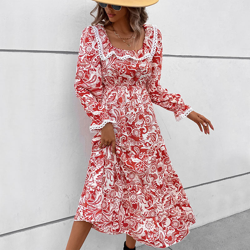 Red Floral Printed Puff Sleeve Fit & Flare Midi Dress