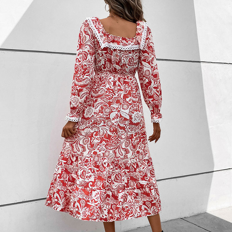Red Floral Printed Puff Sleeve Fit & Flare Midi Dress