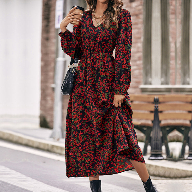 Black & Pink Floral Print Puff Sleeve Maxi Dress