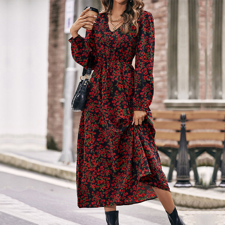 Black & Pink Floral Print Puff Sleeve Maxi Dress