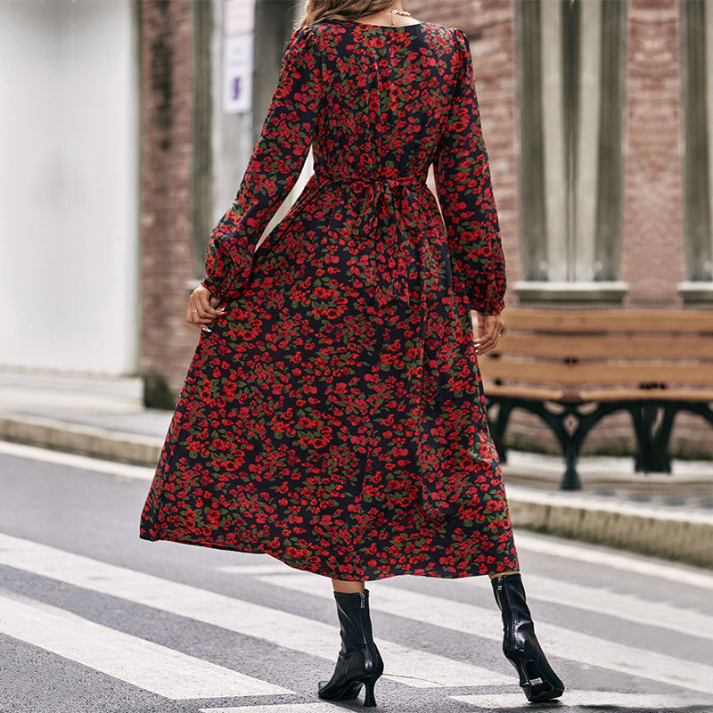 Black & Pink Floral Print Puff Sleeve Maxi Dress
