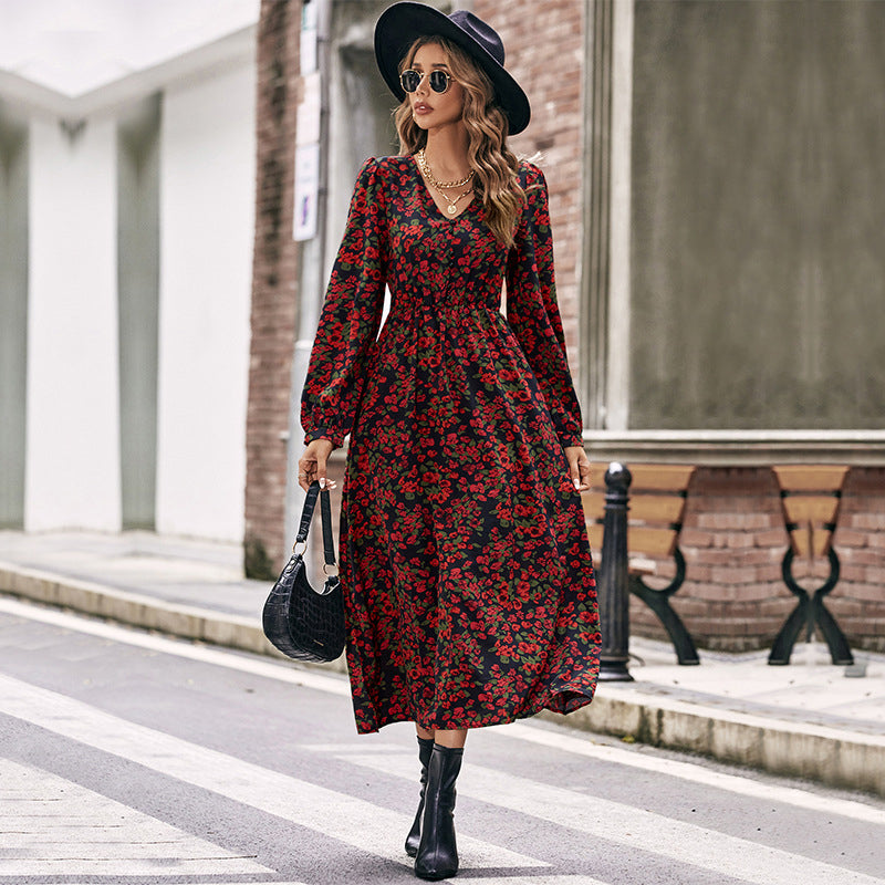 Black & Pink Floral Print Puff Sleeve Maxi Dress
