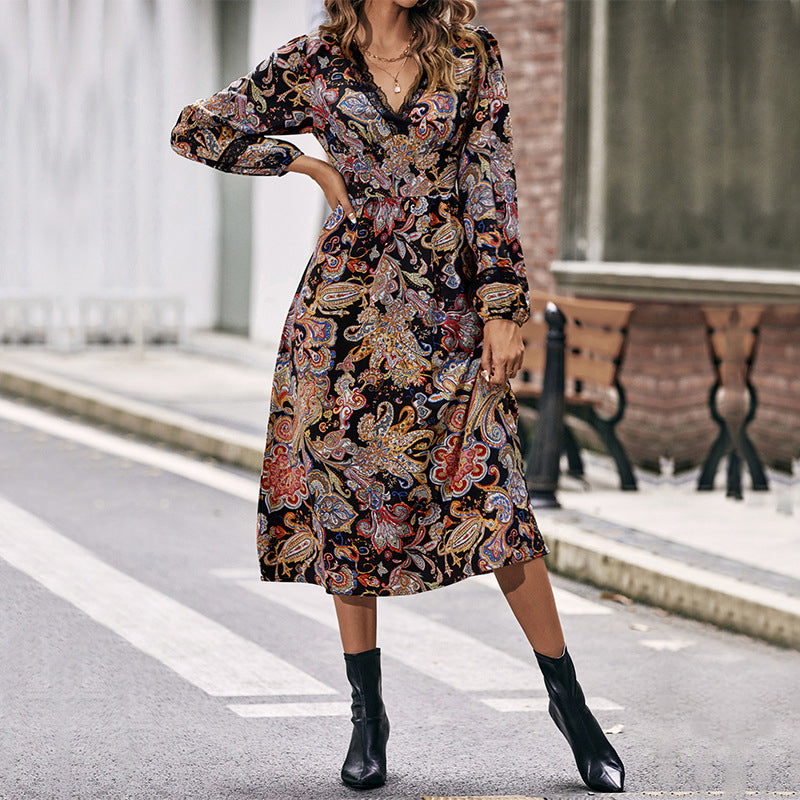 Black Bohemian Printed V-Neck Lace Midi Dress