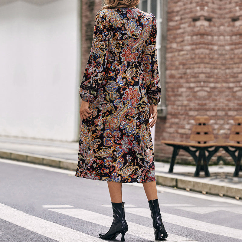 Black Bohemian Printed V-Neck Lace Midi Dress