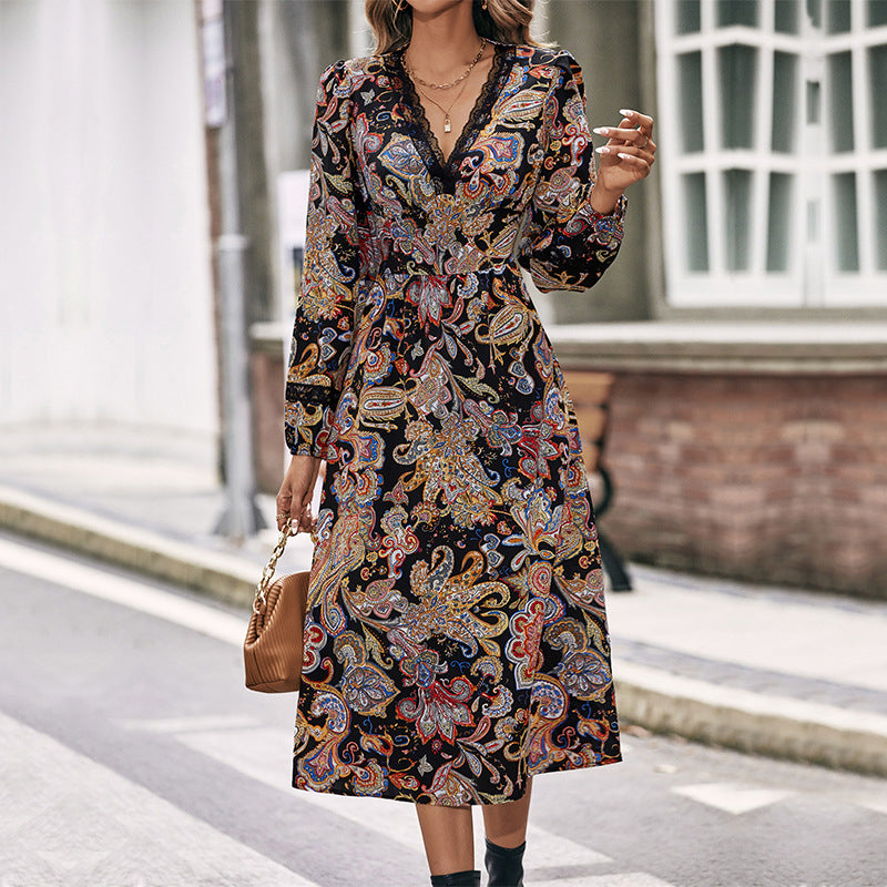 Black Bohemian Printed V-Neck Lace Midi Dress