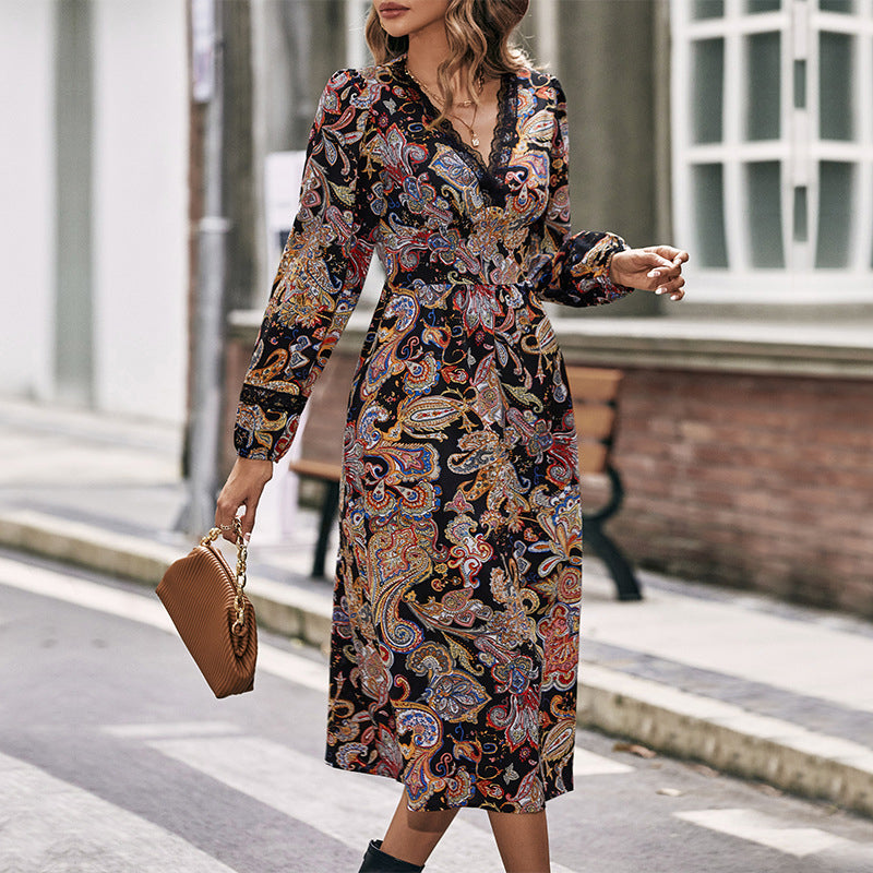 Black Bohemian Printed V-Neck Lace Midi Dress
