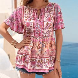 Floral Printed Tie-Up Neck Flared Sleeves Gathered Peplum Top