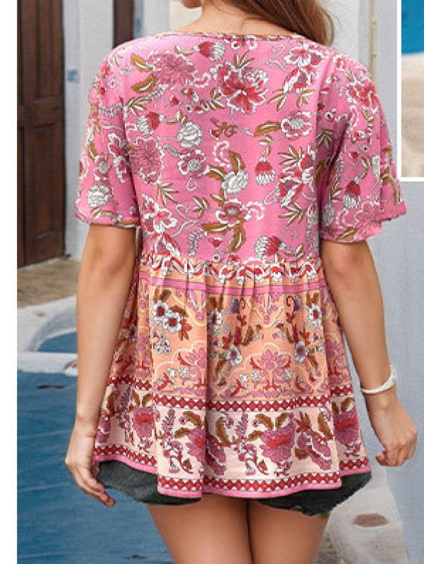 Floral Printed Tie-Up Neck Flared Sleeves Gathered Peplum Top