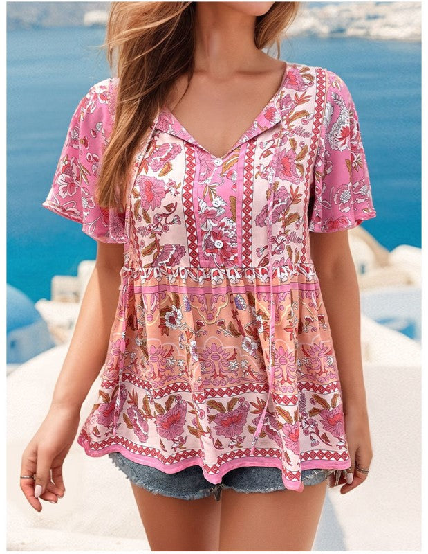 Floral Printed Tie-Up Neck Flared Sleeves Gathered Peplum Top