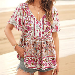 Floral Printed Tie-Up Neck Flared Sleeves Casual Top