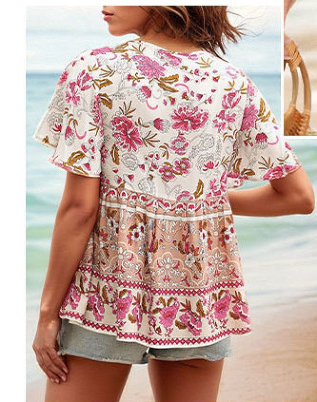 Floral Printed Tie-Up Neck Flared Sleeves Casual Top
