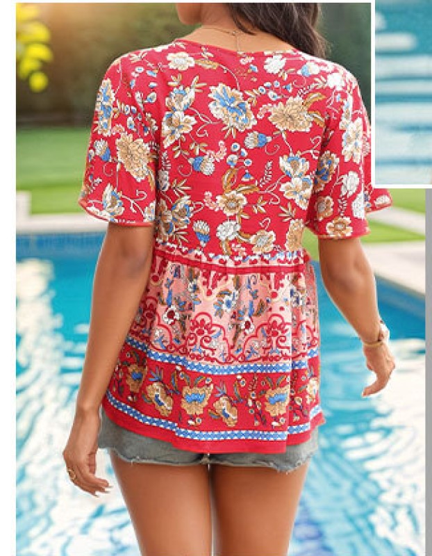 Red Print Tie-Up Neck Georgette Top