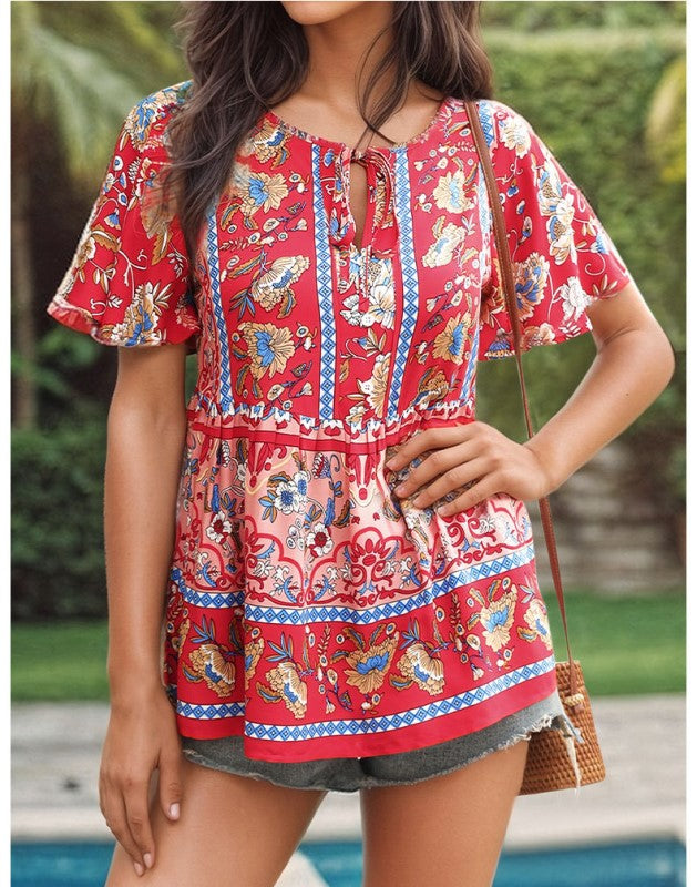 Red Print Tie-Up Neck Georgette Top