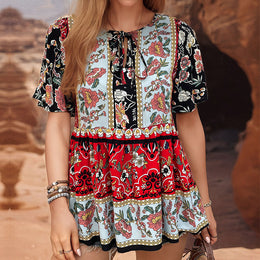 Floral Printed Tie-Up Neck Flared Sleeves Gathered Peplum Top