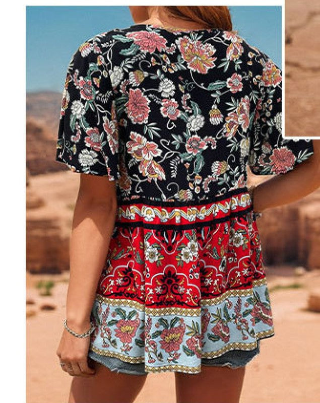 Floral Printed Tie-Up Neck Flared Sleeves Gathered Peplum Top