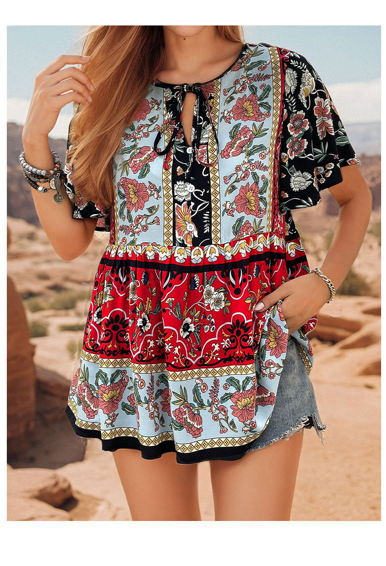 Floral Printed Tie-Up Neck Flared Sleeves Gathered Peplum Top
