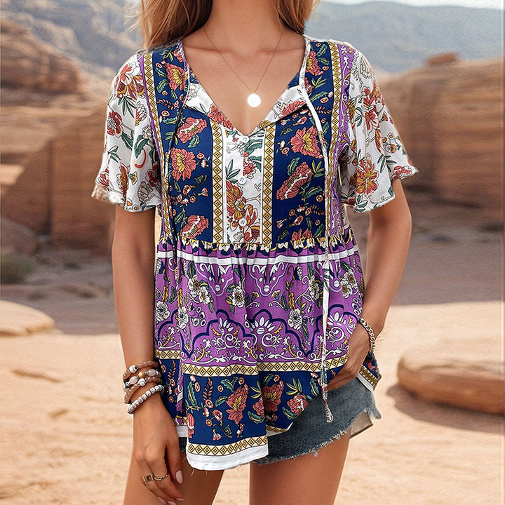 Purple Tie-Up Neck Print Georgette Top